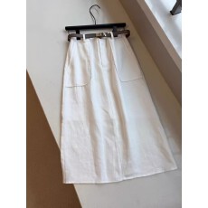 批发好看老钱风气质<b class='q'>白色</b>舒适亚麻直筒后开叉半身裙(配皮带)
