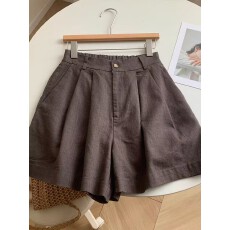 批发CHAO级推荐！水洗复古咖色苎麻短裤女外穿夏显高显腿长高腰阔腿裤