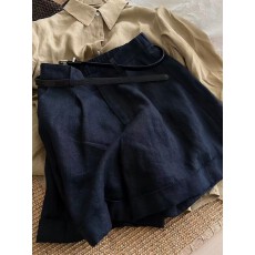 批发今年流行藏青色高腰休闲<b class='q'>亚麻</b>短裤女夏卷边百搭休闲裤