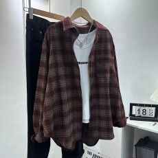 批发2026秋季复古风格子<b class='q'>衬衫女</b>长袖宽松百搭<b class='q'>韩版</b>衬衣安哥拉红新款上衣