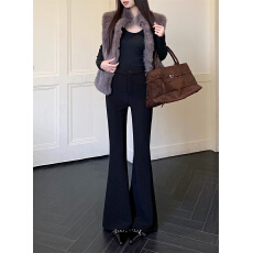 批发实拍实价 黑色微喇西装裤女秋冬加绒新款百搭修身弹力喇叭拖地裤