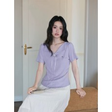 批发2026新款大码V领紫色正肩<b class='q'>上衣</b>