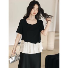 批发2026新款大码拼接荷叶边黑色短袖上衣