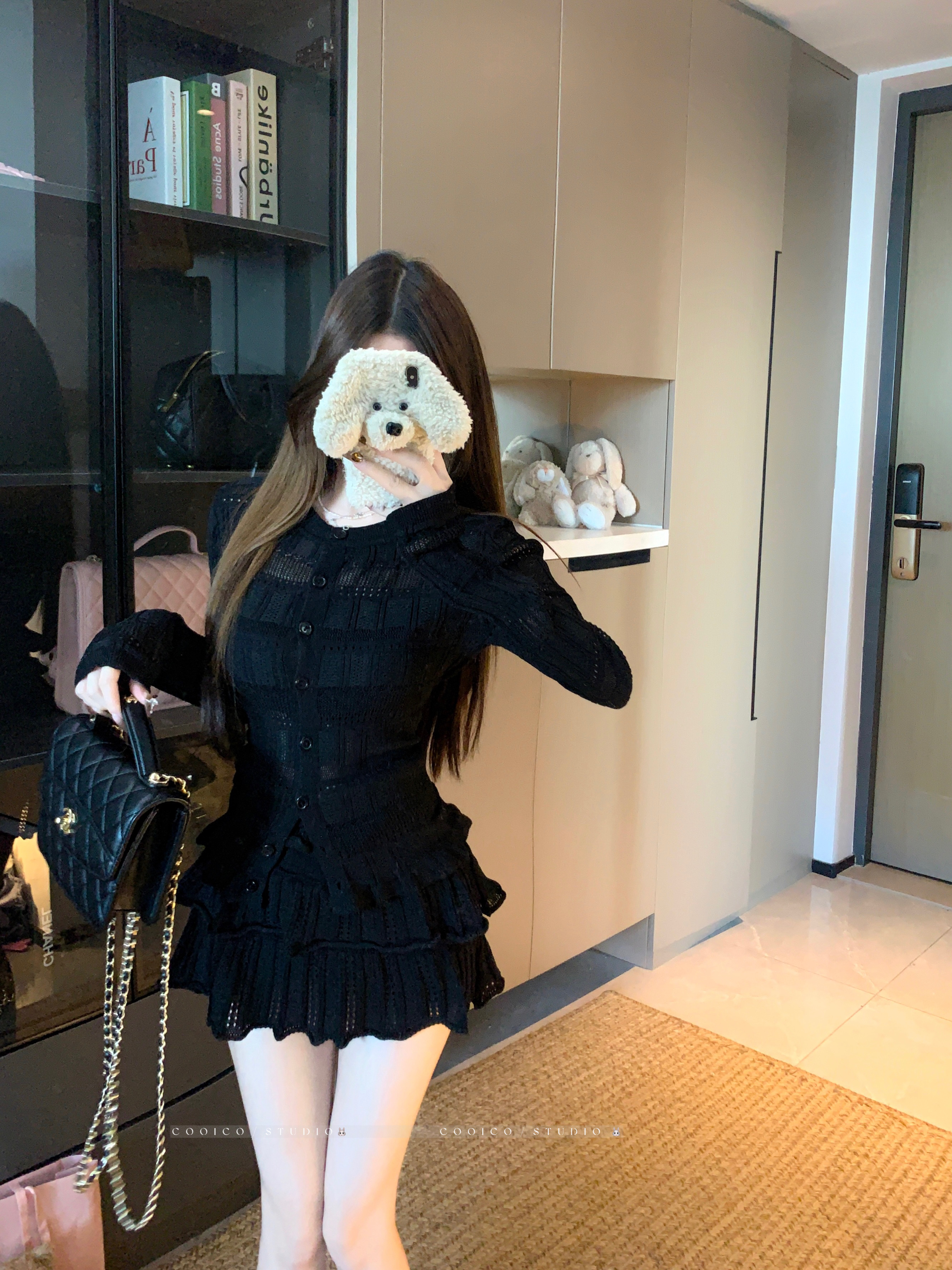 실사 정가 자수 얇은 스타일 조개 곡물 니트 오픈 가디건 퍼프 반신 치마 세트