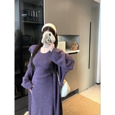 批发实拍实价 紫色气质高级感针织开衫宽松慵懒风<b class='q'>背心</b>长裙<b class='q'>毛衣</b>套装