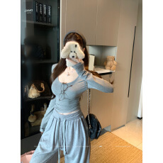 批发实拍实价 U领纯色磨毛<b class='q'>长袖</b><b class='q'>T</b><b class='q'>恤</b>上衣+松紧腰宽松阔腿高腰垂感拖地裤