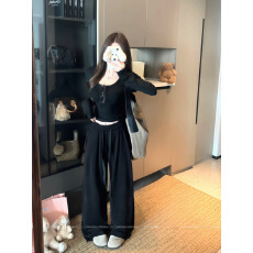 批发实拍实价 U领纯色磨毛<b class='q'>长袖</b><b class='q'>T</b><b class='q'>恤</b>上衣+松紧腰宽松阔腿高腰垂感拖地裤