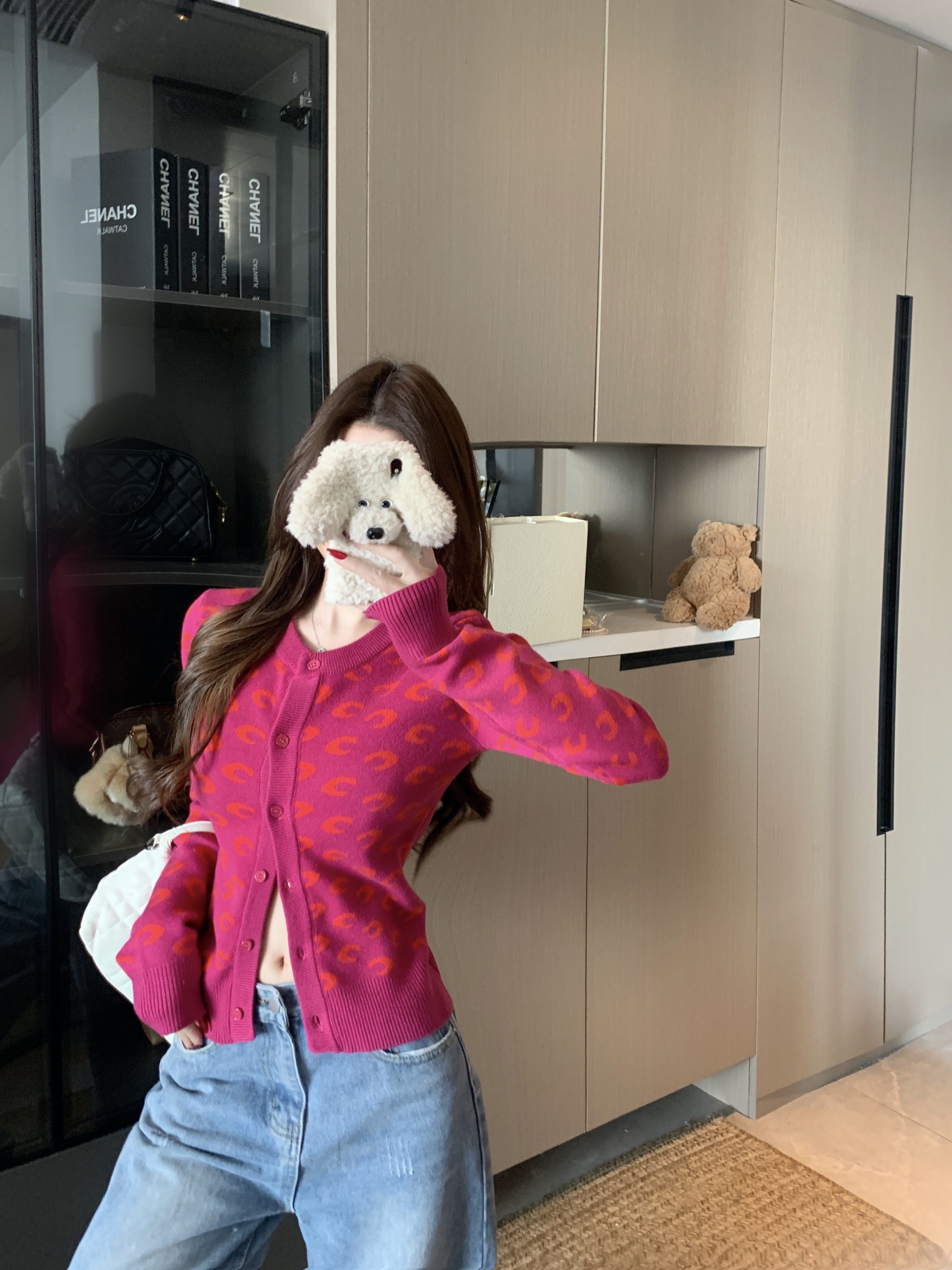 실사 정가 한 부서 작은 대중 초승달 모양의 자카드 니트 오픈 가디건 아메리칸 레트로 워싱 데님 하이웨이스트 넓은 다리 길이 바지