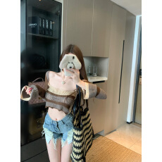 批发实拍实价 露背喇叭袖短款针织衫女+流苏毛边高腰<b class='q'>牛仔</b>热裤