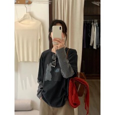 批发休闲卡通印花假两件T恤女2025<b class='q'>秋</b>季新款宽松显瘦条纹长袖上衣