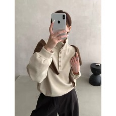 批发<b class='q'>韩版</b>慵懒风卫衣女秋冬季款立领纽扣设计加绒卫衣上衣配披肩两件套