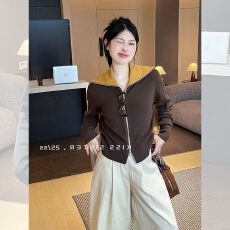 批发韩系翻领<b class='q'>短款</b>毛针织开衫女上衣高级设计感双头拉链小个子毛衣外套