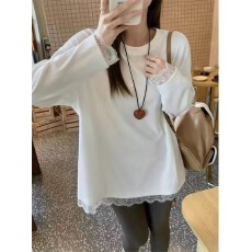 批发2025冬加绒加厚新款韩版宽松蕾丝拼接中长款圆领T恤女长袖打底衫