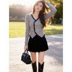 批发不规则V领针织衫女开衫秋季收腰<b class='q'>修身</b>打底复古小香风毛衣外套上衣