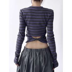 批发2026早春美式复古条纹长袖露背<b class='q'>t</b><b class='q'>恤</b>女外穿修身正肩辣妹上衣女