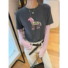 批发圆领小马印花假两件长袖T恤女2026早春新款撞色拼接打底衫上衣潮