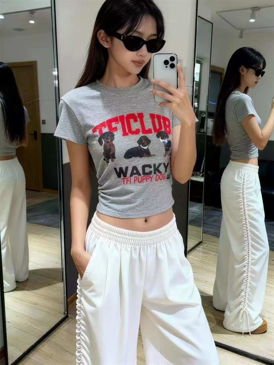 차가운 핫걸 한 부서 ootd2026 봄 아모이 ins 조수 브랜드 개 허리 수축 쇼트 스타일 티셔츠 패션 작은 조각 슬림해 보이는 다크