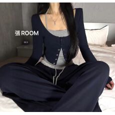 批发美式辣妹风<b class='q'>个性</b>拼接挂脖金属扣假两件长袖<b class='q'>T</b><b class='q'>恤</b>修身百搭显瘦上衣