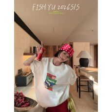 批发2026年早春美式复古鞋盒字母<b class='q'>宽松</b>型女士印花圆领短袖