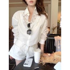 批发THE LEMON十三行女装<b class='q'>韩版</b>法式V领蕾丝花边白色衬衫设计感宽松上衣