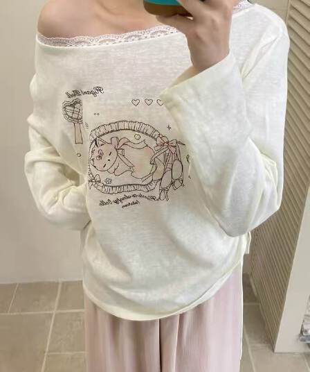 한 부서 달콤함 귀여운 발레 레이스 레이스 긴팔 티셔츠 맨위 고양이 비스듬한 어깨 t 다용도 나무 여성