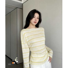批发撞色条纹斜肩<b class='q'>长袖</b>防晒<b class='q'>T</b><b class='q'>恤</b>女2026夏季新款洋气宽松百搭薄款上衣潮