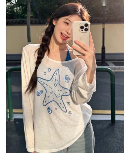 한 부서 느긋한 바람 불가사리 프린트 비스듬한 어깨 긴팔 티셔츠 태양 보호 셔츠 인사이드 가져 가라. 행침 목 슬립 튜브탑 두 조각 여성 세트