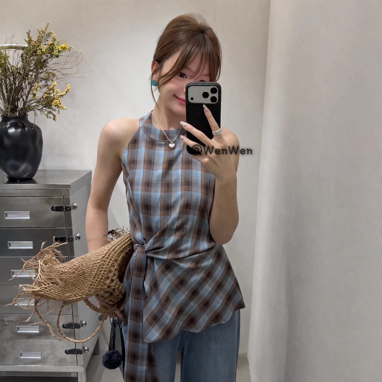 한 부서 체크무늬 행침 목 민소매 조끼 여성 봄 레이스업 백리스 슬림해 보이는 맨위 캐주얼 바람 몸매 가꾸기 다용도 체크무늬