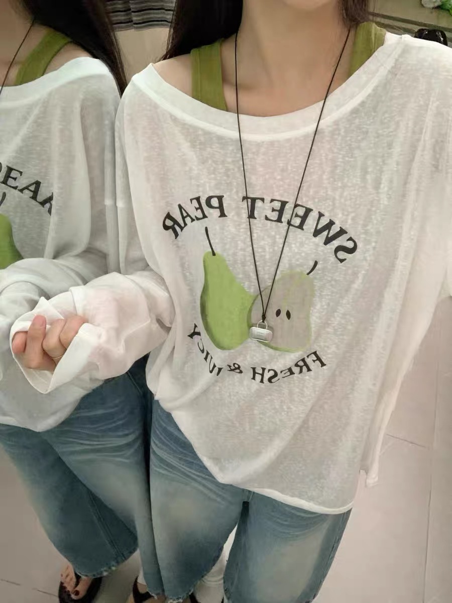 한 부서 느긋한 바람 애플 프린트 비스듬한 어깨 긴팔 티셔츠 태양 보호 셔츠 여성 인사이드 가져 가라. 투피스 조끼