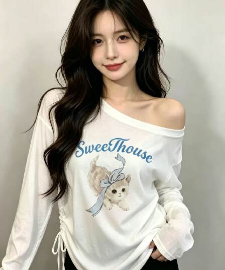 한 부서 고양이 프린트 비스듬한 어깨 티셔츠 여성 여름 측면 펌프 로프 허리 수축 달콤한 자매 바람 마이크로 ~을 통해 자외선 차단 맨위