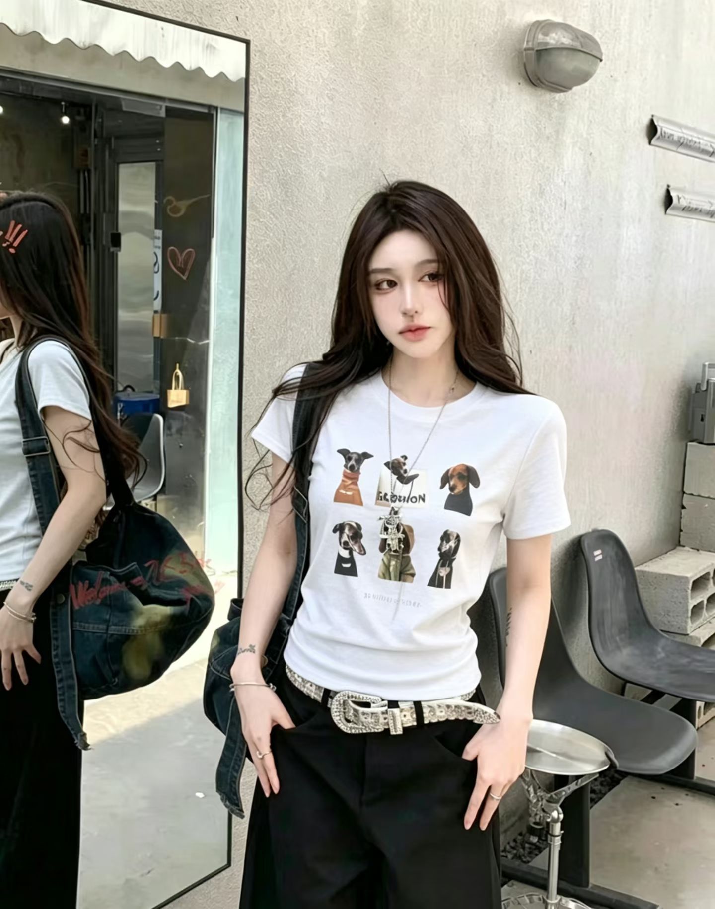 2026 봄 여름 새로운 아메리칸 레트로 어깨 패드 핫걸 초상화 프린트 몸매 가꾸기 티셔츠 맨위