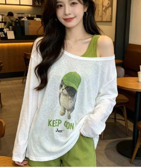 2026 여름 한국 스타일 패션 다용도 슬림해 보이는 고양이 프린트 국방 사이 블라우스 긴팔 티셔츠 여성 투피스 조끼
