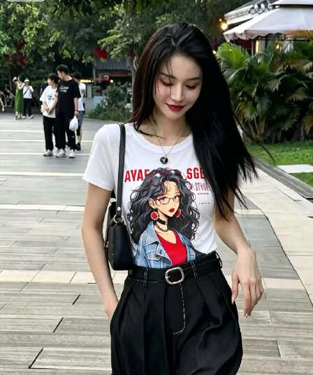 반팔 여성 티셔츠 여름 새로운 아메리칸 레트로 라운드 넥 만화 소녀 슬림해 보이는 쇼트 스타일 핫걸 긍정적 인 어깨 의류