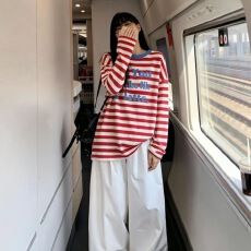 条纹印花长袖防晒罩衫T恤女2026夏季新款宽松休闲上衣