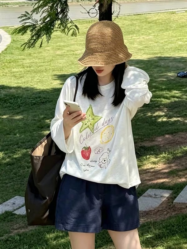 빛 언어 studio 한 부서 패션 느긋한 센스 과일 프린트 화이트 긴팔 티셔츠 여성 여름 그레이트 봐. 의류