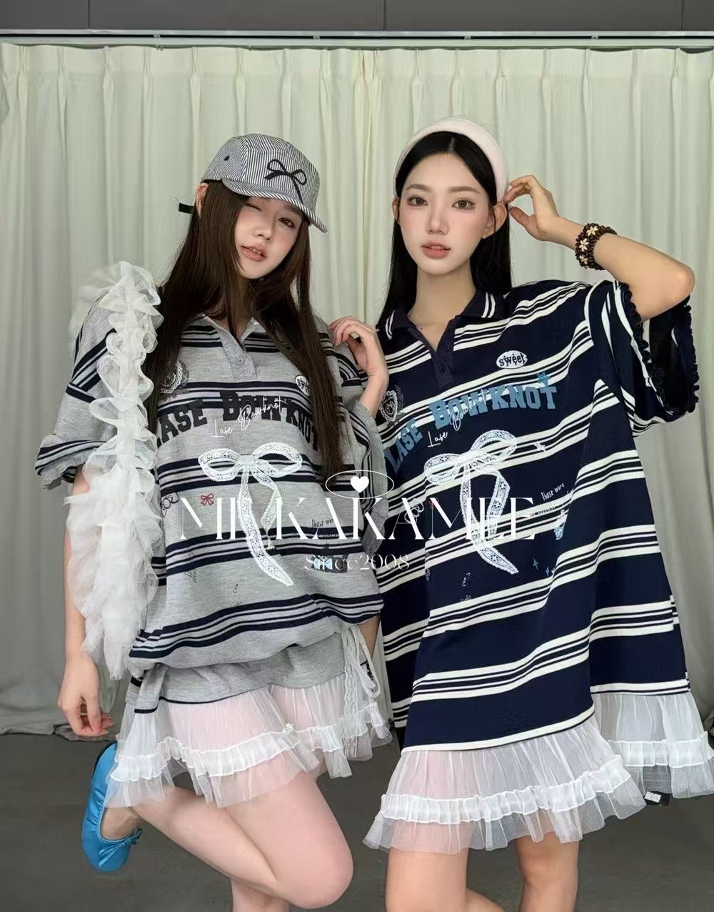 2026 봄 여름 새로운 한 나비 매듭 패치워크 레이스 밑단 무거운 작업 POLO 칼라 반팔 티셔츠 드레스