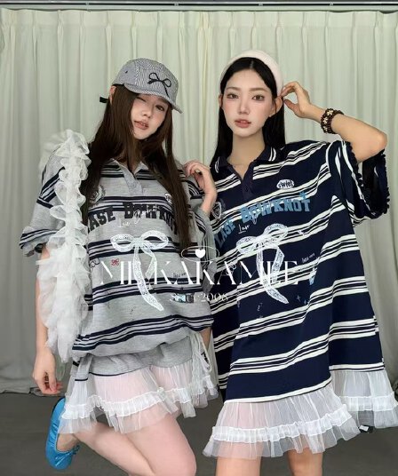 2026 봄 여름 새로운 한 나비 매듭 패치워크 레이스 밑단 무거운 작업 POLO 칼라 반팔 티셔츠 드레스