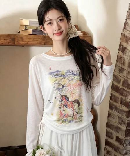 작은 말 프린트 긴팔 티셔츠 맨위 여성 여름 새로운 올해 인기 펌프 로프 주름 에어컨 자외선 차단 블라우스