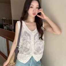 批发高级感刺绣镂空V领无袖蕾丝背心<b class='q'>马甲女</b>2026夏季新款宽松叠穿上衣