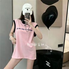 批发2026春夏新款撞色圆领无袖T恤女夏季慵懒风中长款辣妹<b class='q'>背心</b>上衣