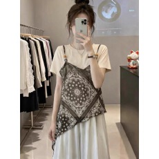 批发假两件吊带短袖T恤打底衫女夏季显瘦<b class='q'>不规则</b>复古印花上衣