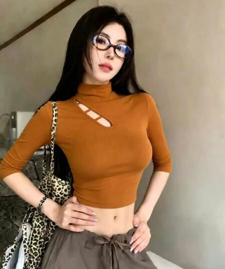 순수한 욕망 심장 기계 홀로우 아웃 반하이넥 중간 소매 기본 셔츠 여성 몸매 가꾸기 슬림해 보이는 기본 셔츠 맨위