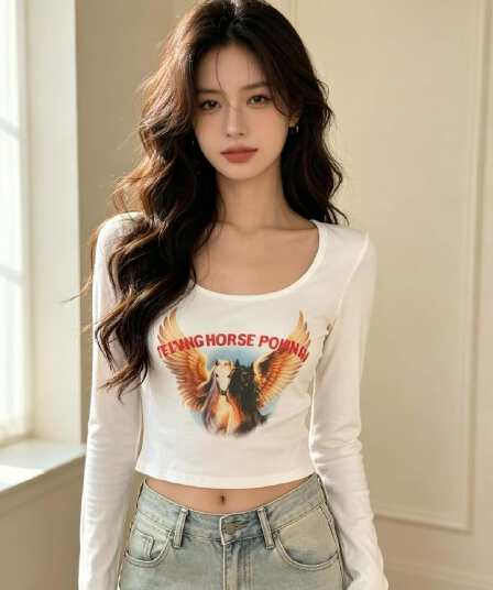 2026 가을 켜기 새로운 아메리칸 레트로 프린트 몸매 가꾸기 광장 칼라 긴팔 티셔츠 맨위 여성