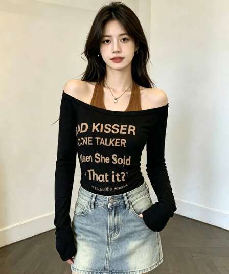 2026 가을 새로운 패션 알파벳 프린트 비스듬한 칼라 긴팔 티셔츠 행침 목 슬립 투피스 세트 슬림해 보이는 착용 가져 가라. 여성