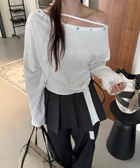 한국 스타일 조개 버클 오프숄더 스트랩 긴팔 티셔츠 기본 셔츠 여성 26 가을 맨위 여성