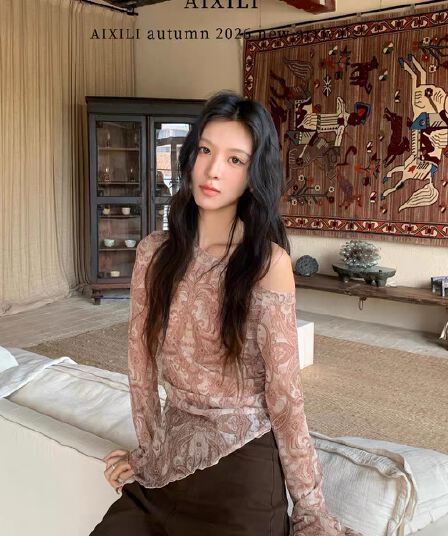 aixili 사랑 시리 남자 분위기 센스 불규칙 디자인 레트로 프린트 비스듬한 어깨 긴팔 맨위 작은 셔츠