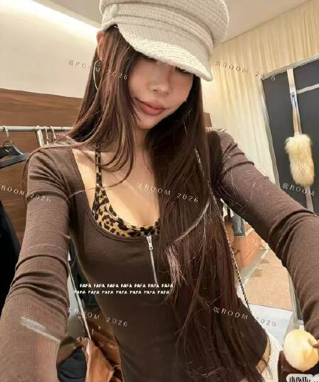26 가을 레오파드 무늬 행침 목 조끼 u 칼라 몸매 가꾸기 티셔츠 맨위 투피스 세트