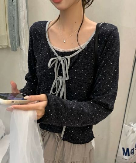 한 부서 달콤함 레이스 조각 인사이드 가져 가라. 캐미솔 도트 무늬 레이스업 긴팔 오픈 가디건 여성 가을 2026 투피스 세트