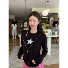 批发谢不肉 连帽宽松拉链开<b class='q'>衫</b>卫衣女秋季星星印花修身窄肩背心套装
