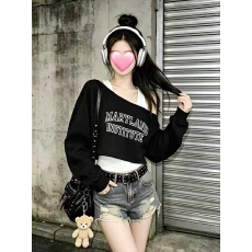 批发十三行字母印花短款斜肩长袖卫衣<b class='q'>背心女</b>两件套早秋穿搭爵士舞上衣